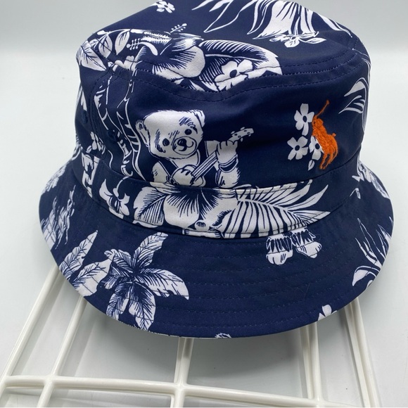 Polo Ralph Lauren Hawaiian Bear Ukulele Floral Orange Pony Bucket Hat Blue L/XL - Picture 2 of 8